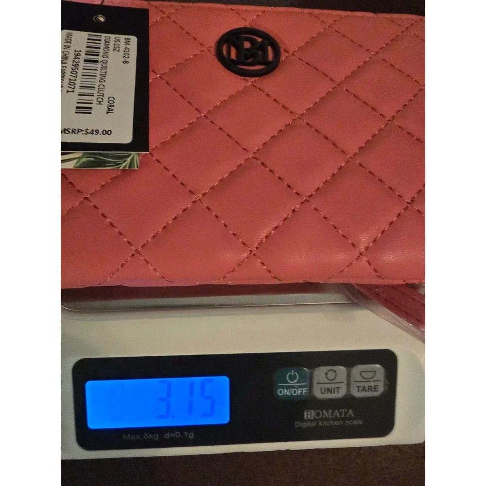 Badgley Mischka Diamond Quilting Clutch Coral Pink Wristlet Bag BM-4102-B NEW